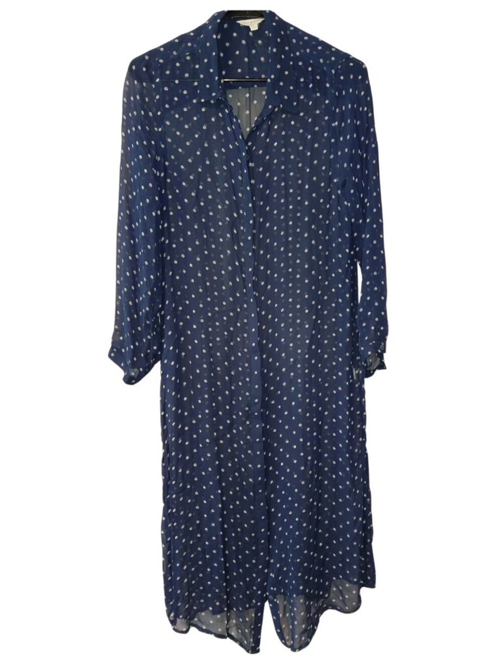 Lucky Brand Sheer Navy Polka Dot Button Down Dress Medium